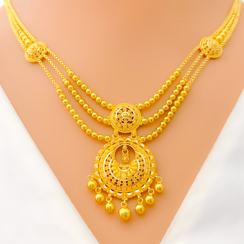 Ornate Three Chain 22k Gold Tasseled Necklace Set