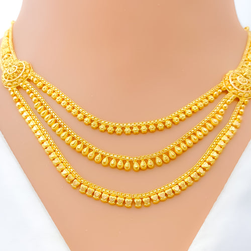 Bold Poised Three Layered 22k Gold Necklace Set