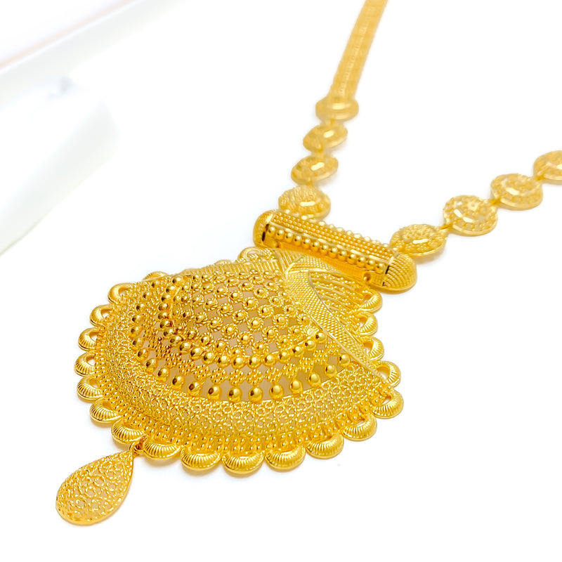 Impressive Floral Filigree Long 22k Gold Necklace Set 