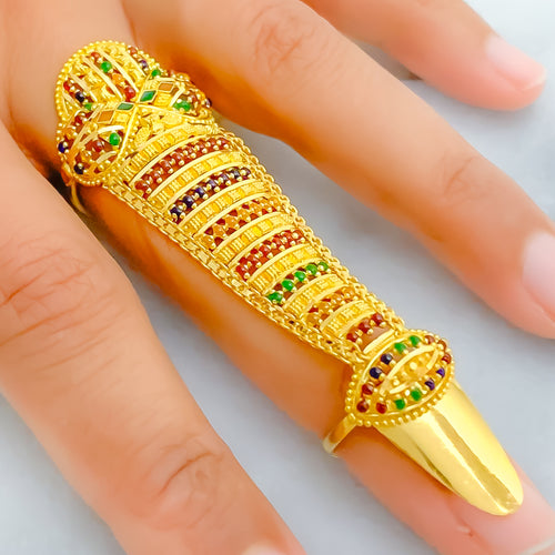 Vibrant Enameled 22k Overall Gold Finger Ring 