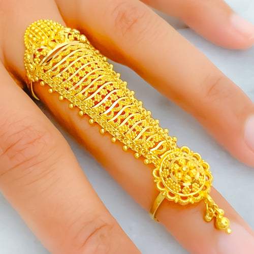 Upscale Dangling Tassel 22k Overall Gold Finger Ring 
