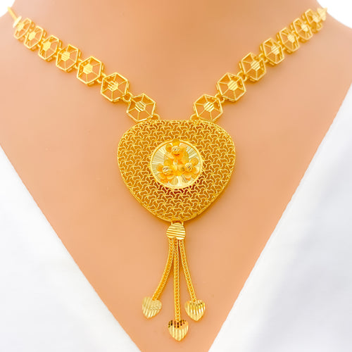 Delightful Floral Triangular 22k Gold Necklace Set 