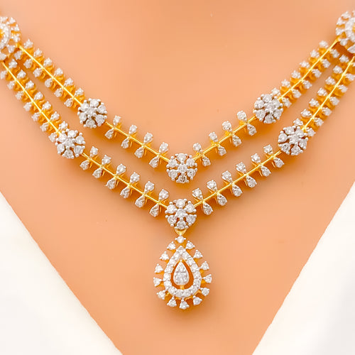 Decorative Alternating Diamond Flower + 18k Gold Necklace Set 