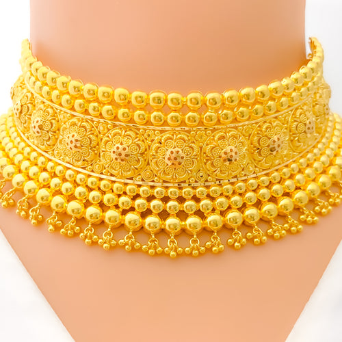 Radiant Reflective 22K Gold Floral Choker Necklace Set 