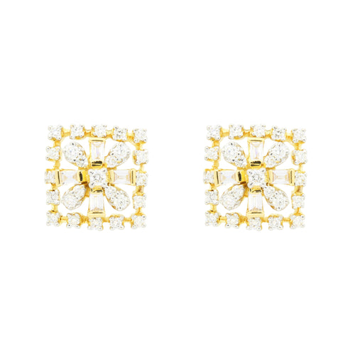 Square With Inner Flower Diamond Earrings