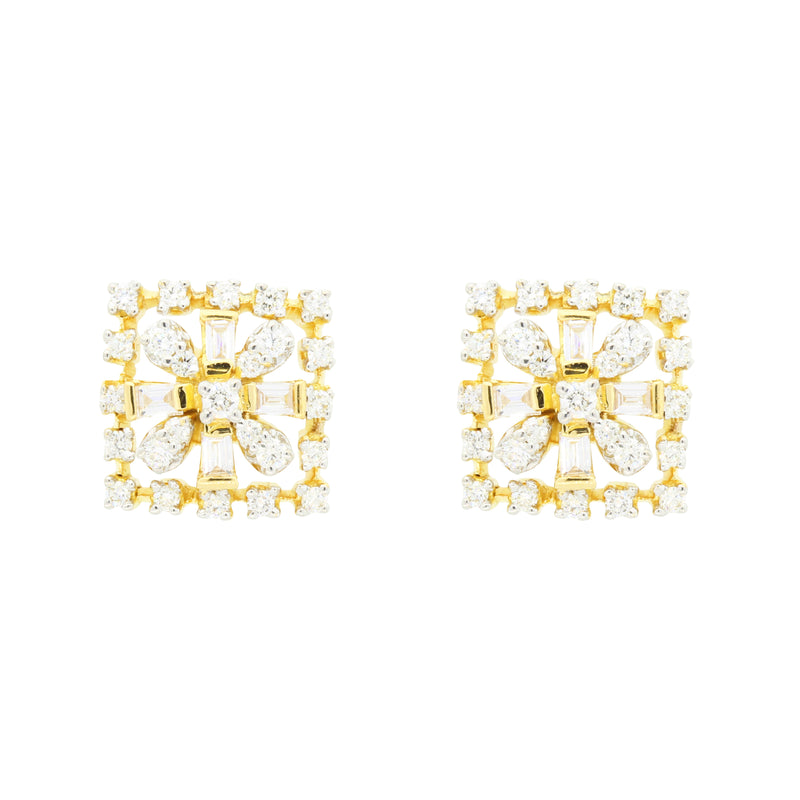 Square With Inner Flower Diamond Earrings