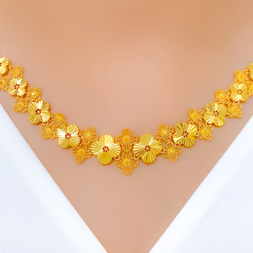 Shimmery Floral Cluster 22k Gold Necklace Set