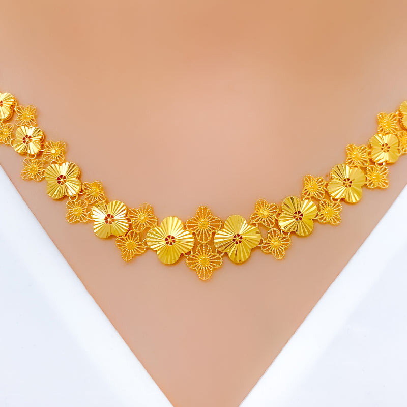 Shimmery Floral Cluster 22k Gold Necklace Set