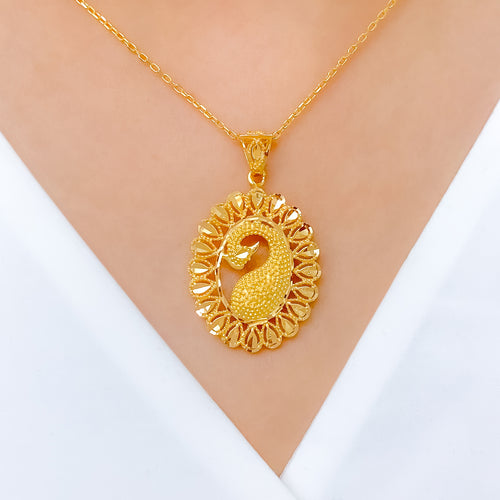 Shimmering Oval Peacock 22k Gold Pendant Set w/ Chain