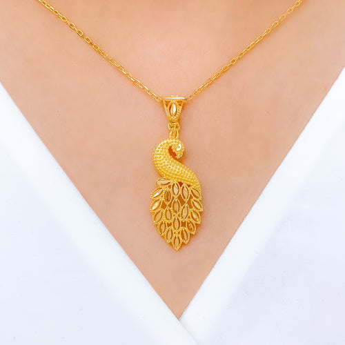 Radiant Elongated Peacock 22k Gold Pendant Set w/ Chain