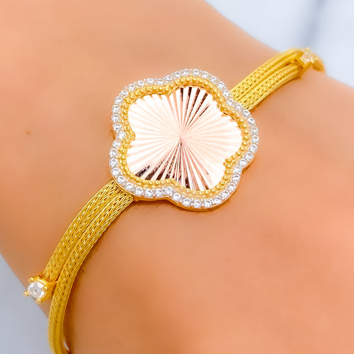 22k-gold-Striped Rose Gold Flower CZ Bracelet