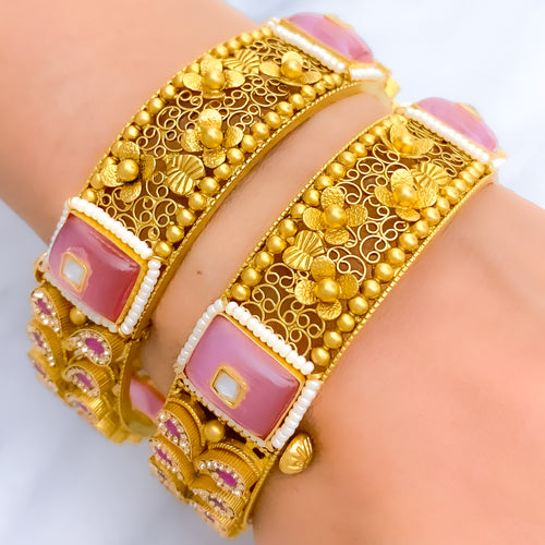 22k gold Antique Oxidized Pink Floral Bangles 