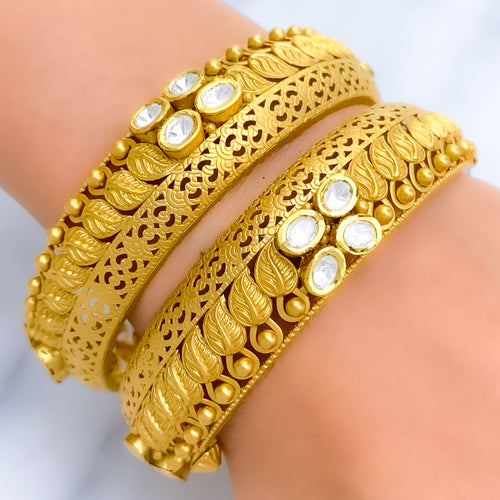 Impressive Set of 2 Kundan Leaf 22k Gold Bangles