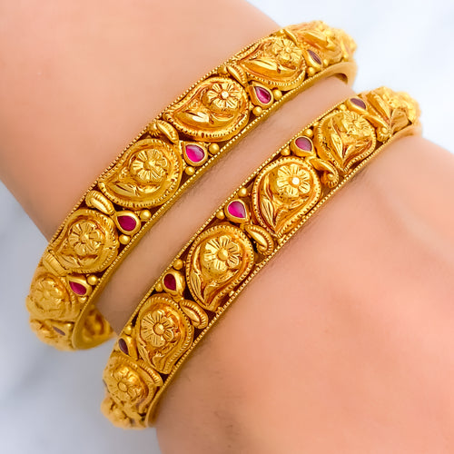 22k-gold-Oxidized Paisley Bangle Pair