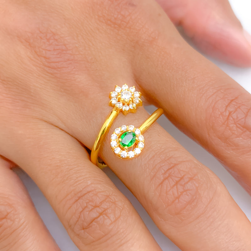 White & Green Round CZ in Floral Ring