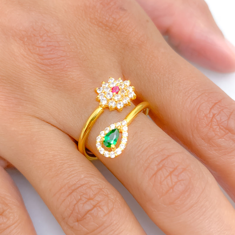Green Pear & Floral CZ Ring