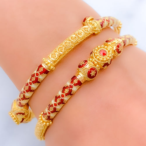 Traditional Red + White Meenakari 22k Gold Bangles