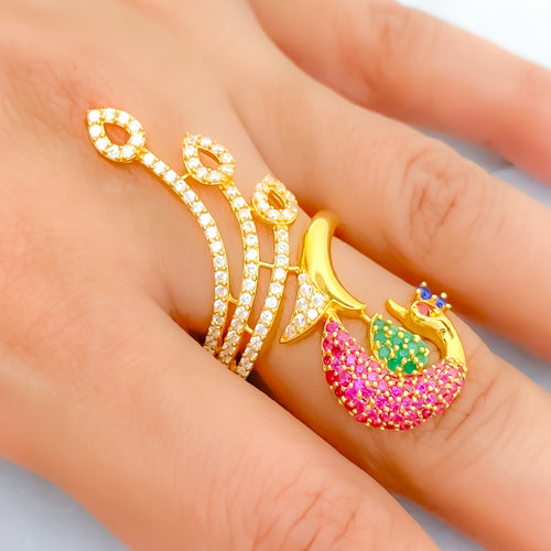 Curved Peacock Feather Statement Ring