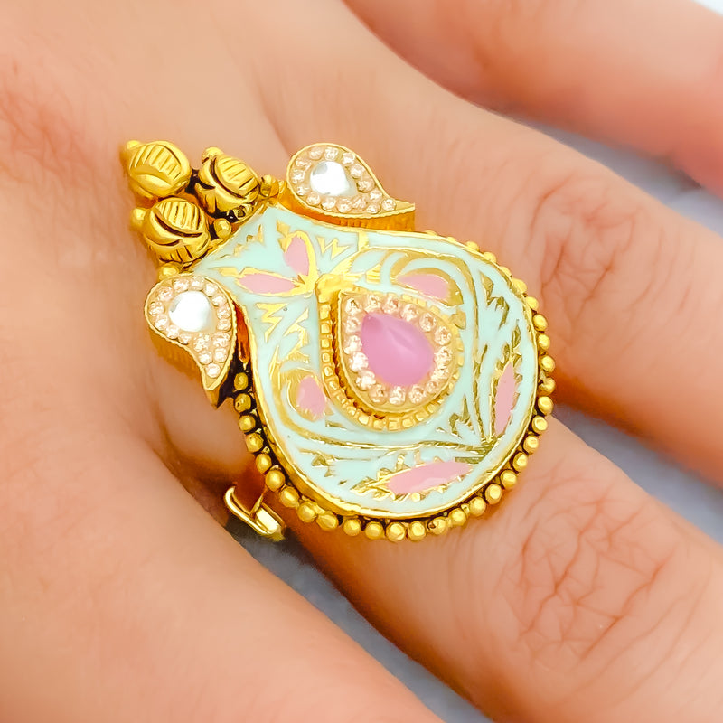 Stately Green + Pink Meenakari Ring