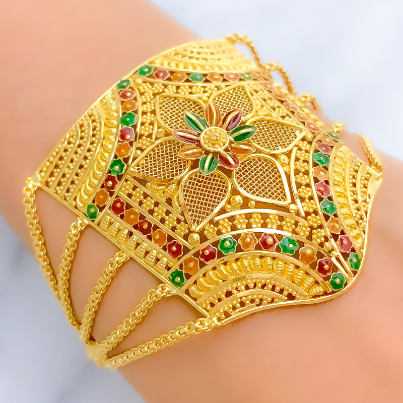 22k-gold-Majestic Netted Floral Statement Bracelet