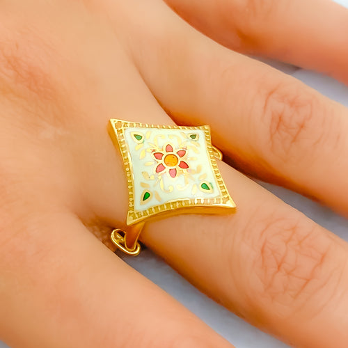 22k-gold-Opulent Diamond Shaped Floral Enamel Ring