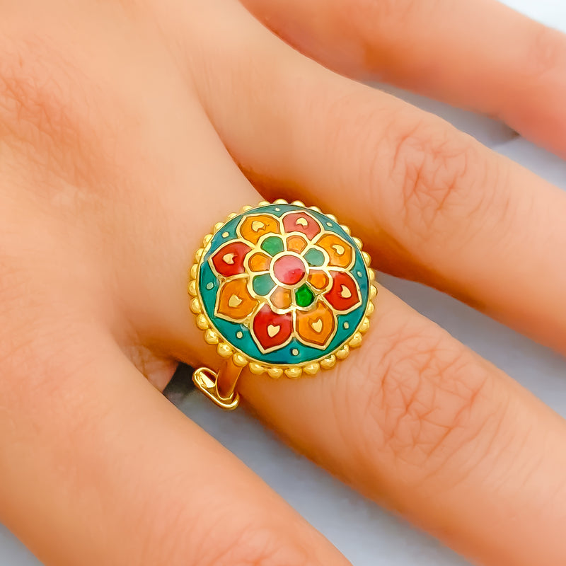 22k-gold-Round Majestic Enamel Flower Ring