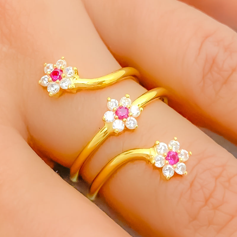 22k-gold-Sparkling Three Flower CZ Spiral Ring
