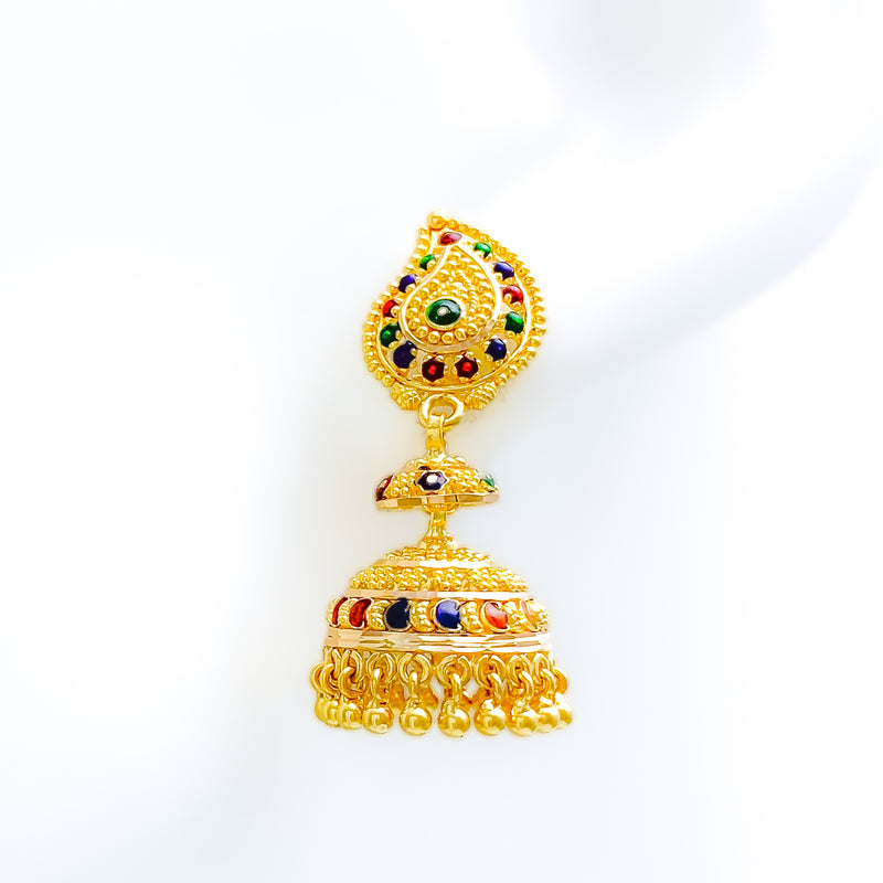 Decorative Meenakari Jhumki 22k Gold Earrings