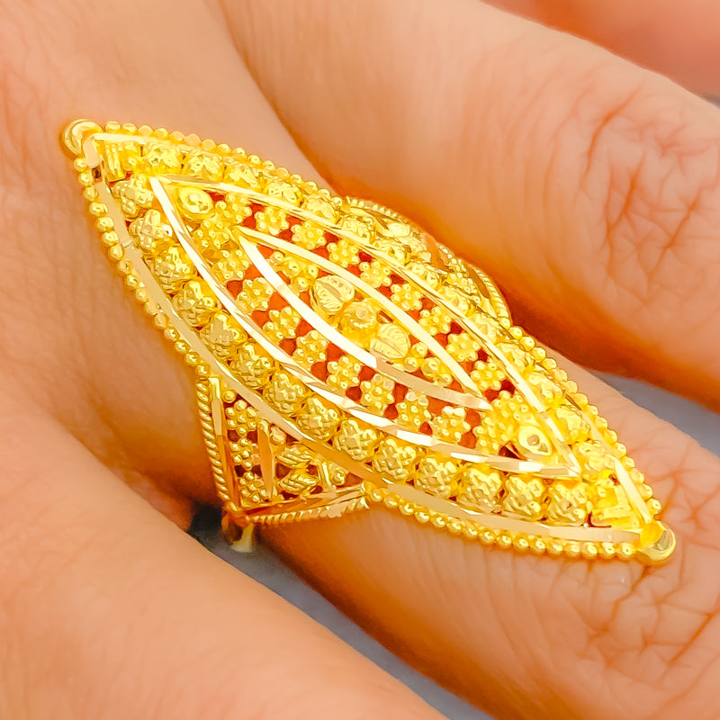 Opulent Long Floral 22k Gold Ring