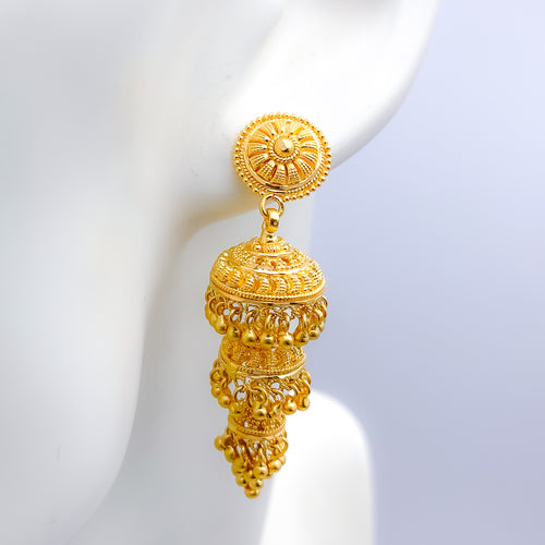 Regal Three-Tier Hanging 22k Gold Earrings