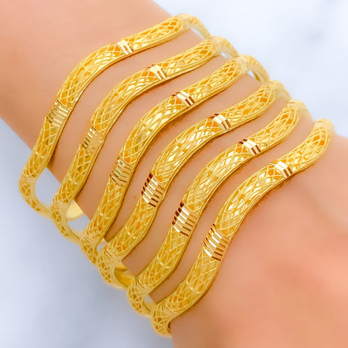 Fancy Elevated Curved Bangle 22k Gold Set