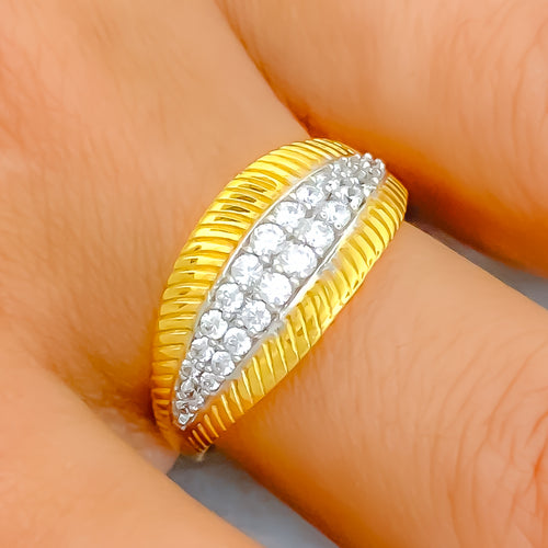 22k-gold-Striped Leaf Accented CZ Ring 