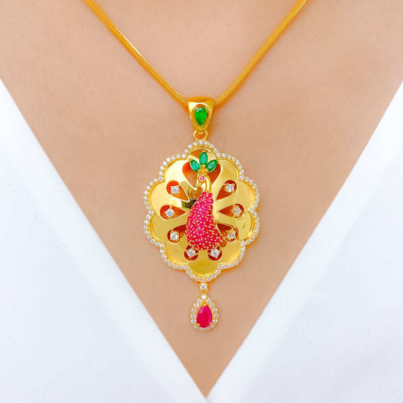 Unique Floral Peacock 22k Gold Pendant Set