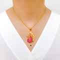 Vibrant Pink Peacock 22k Gold Pendant Set