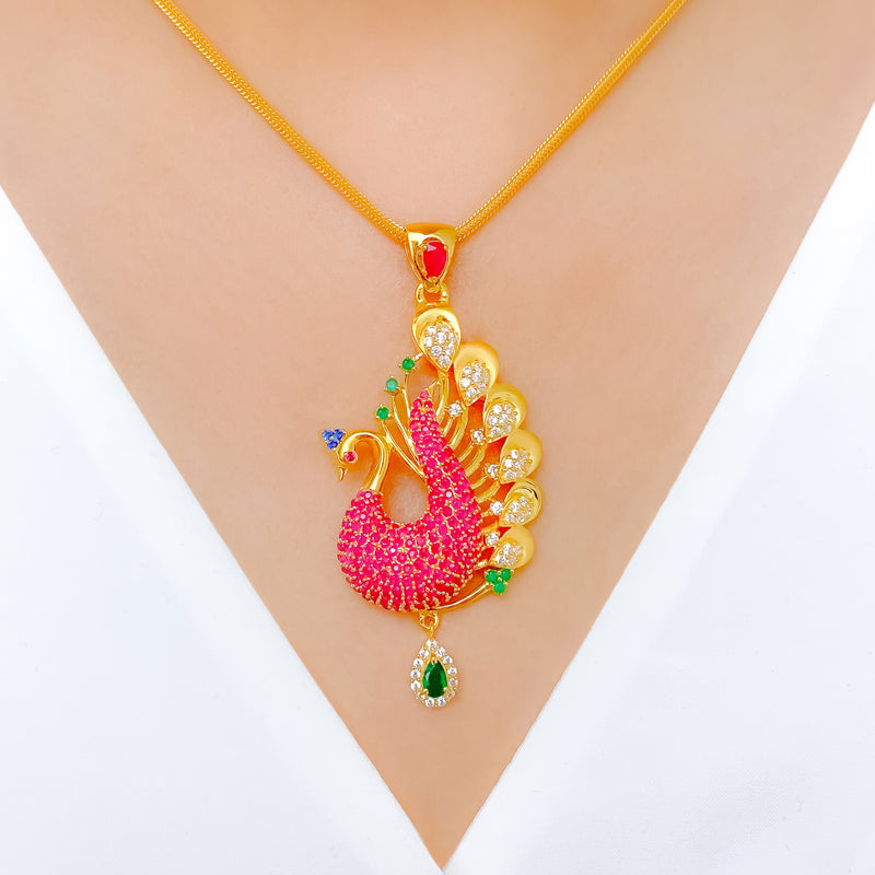 Vibrant Pink Peacock 22k Gold Pendant Set