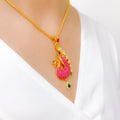 Vibrant Pink Peacock 22k Gold Pendant Set