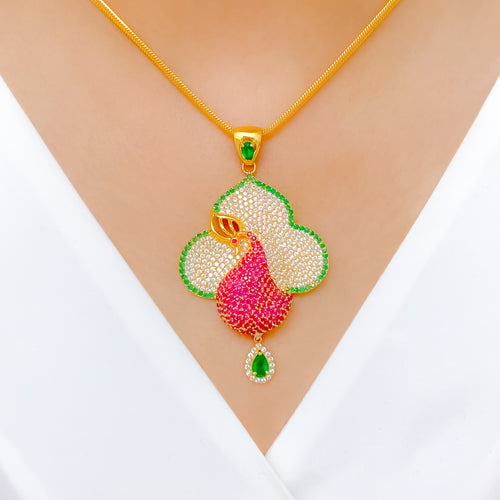 Pink + Green CZ Peacock 22k Gold Pendant Set