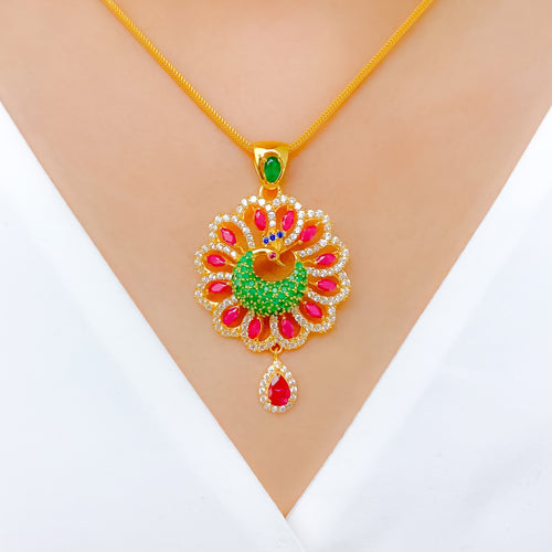 Green Peacock Flower 22k Gold Pendant Set