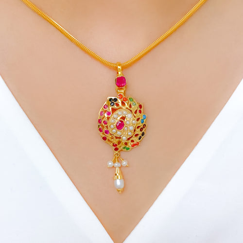 Navratan Stone Pendant 22k Gold Set