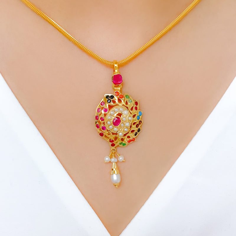 Navratan Stone Pendant 22k Gold Set