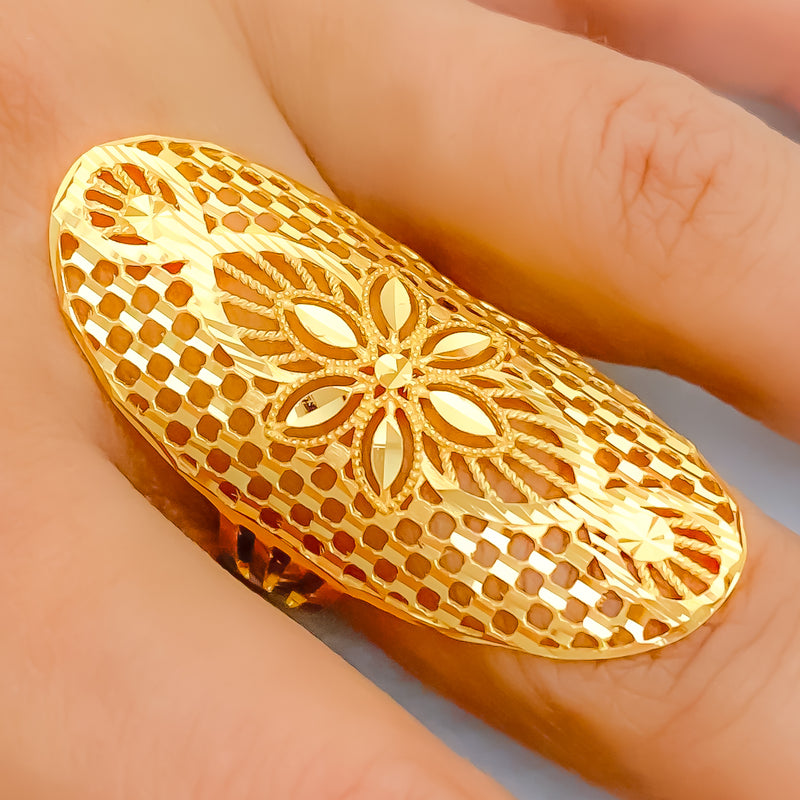 22k-gold-Shimmery Floral Long Ring 