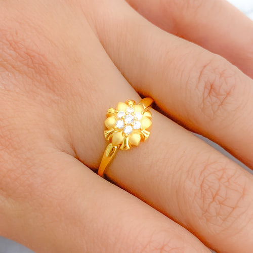 Matte Flower CZ 22k Gold Ring