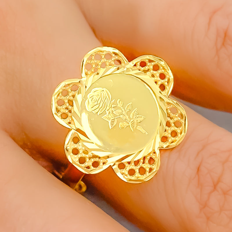 21k-gold-Ornate Flower Coin Ring 