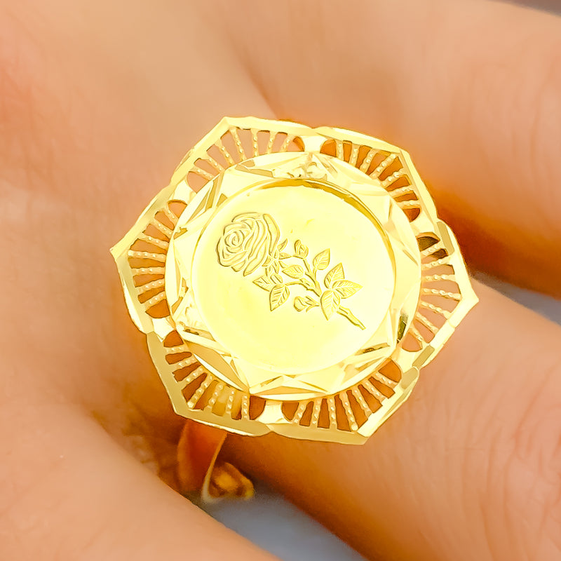 21k-gold-Stately Striped Honeycomb Ring 