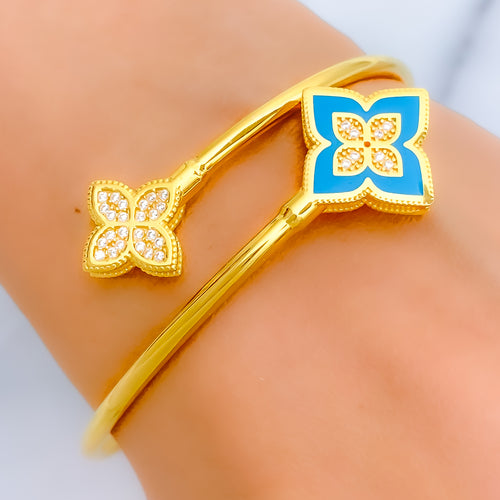 Posh Blue Flower 21K Gold CZ Bangle Bracelet 