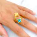 Posh Blue Flower 21K Gold CZ Ring 