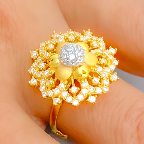 Decorative Cluster Flower 22k Gold CZ Statement Ring