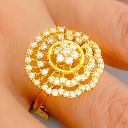Stunning Curved Flower 22k Gold CZ Statement Ring 