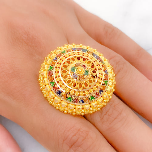 Colorful Round Meenakari 22k Gold Ring