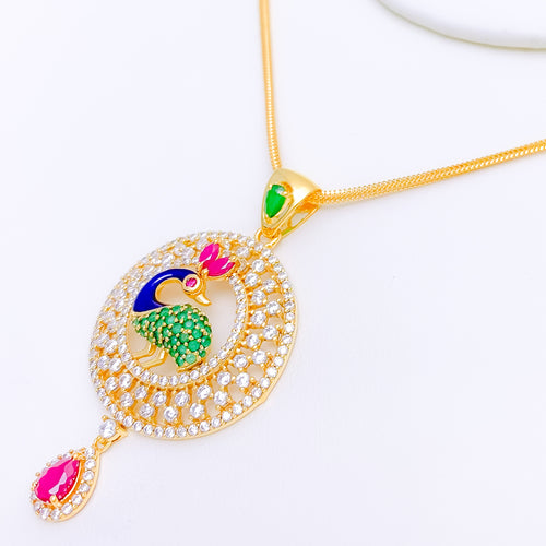 Statement Halo Styled Peacock 22k Gold Pendant Set